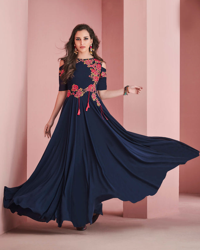Sky Color Party Wear Georgette Gown With GPO Lace and Dupatta Ready to Wear  Gown | Cotton gowns, Ready to wear, Gowns